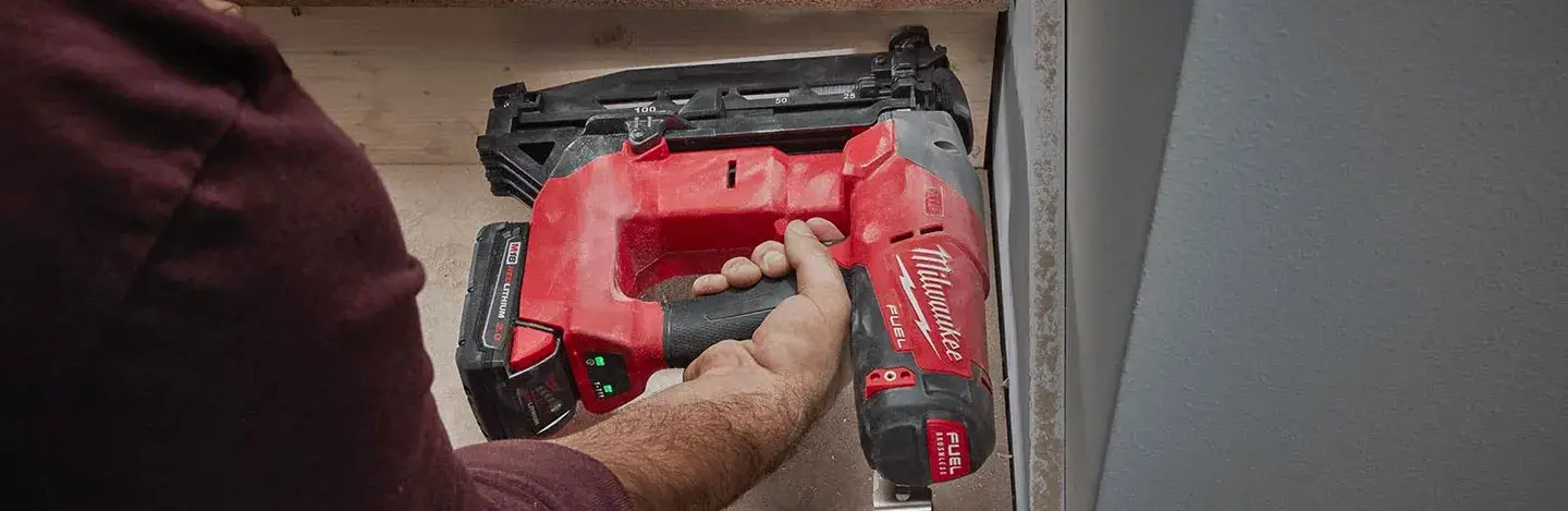 Milwaukee Second Fix Nail Gun in-use on roofing