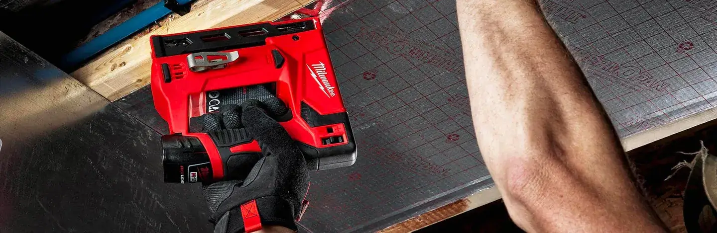 Milwaukee Specialist Nail Gun in-use on roofing