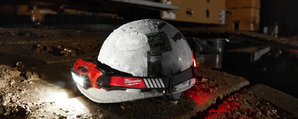 Milwaukee's hard hat head lamp attached to a hard hat