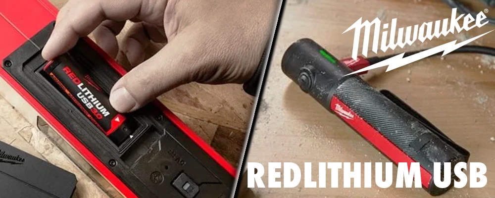 Banner for Milwaukee Redlithium USB range review blog post, showing a battery being charged on the right and a battery being insterted into a spirit level on the left