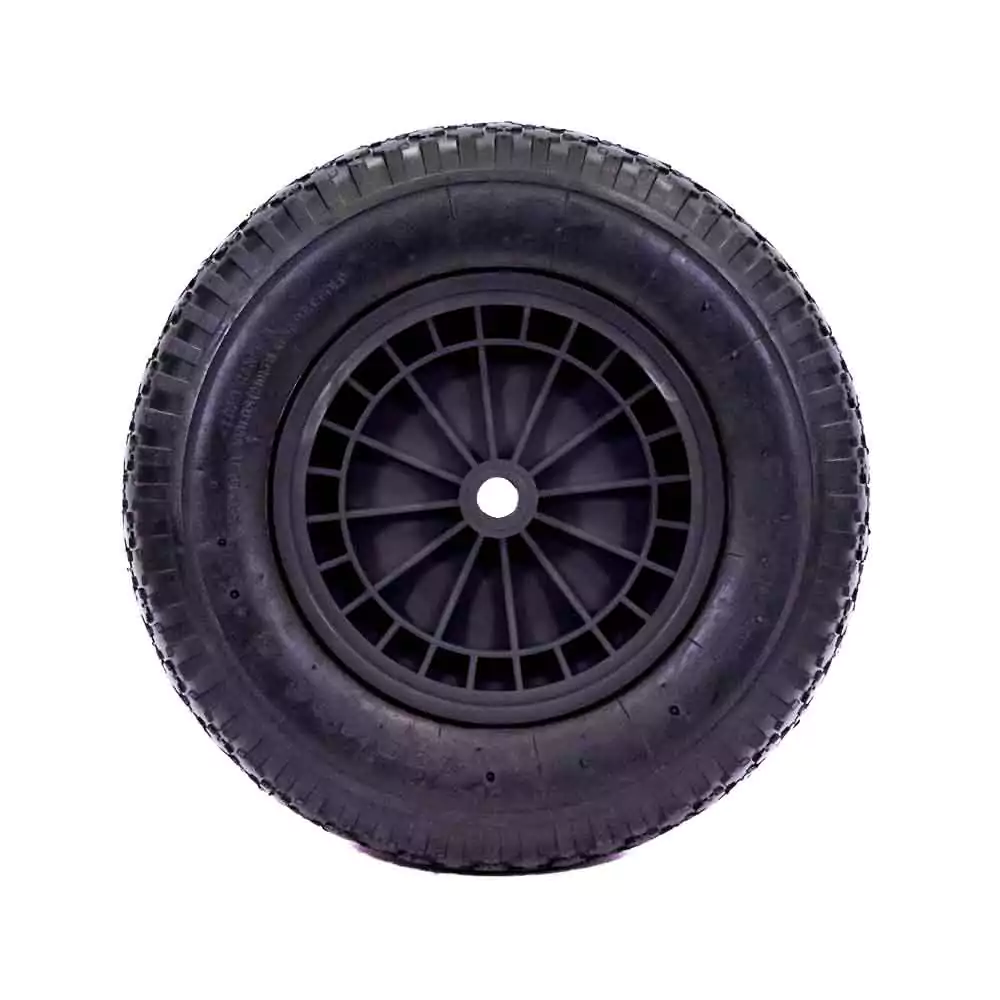 A standard looking black wheelbarrow wheel