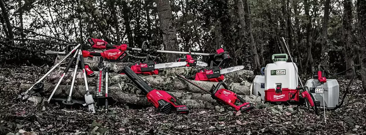 Milwaukee Cordless Gardening Tools in a pile