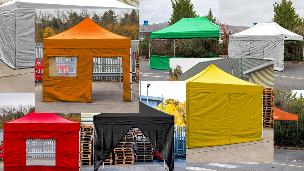 Collage of Vaunt Gazebos in a variety of colours and with different side panels. This includes doors, walls, and windows.