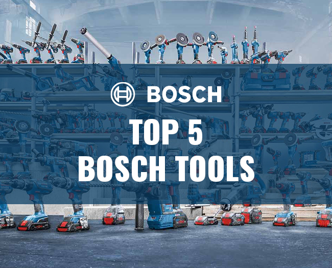 Picture of Bosch Professional 18V Tools and a caption that reads: "Top 5 Bosch Tools"