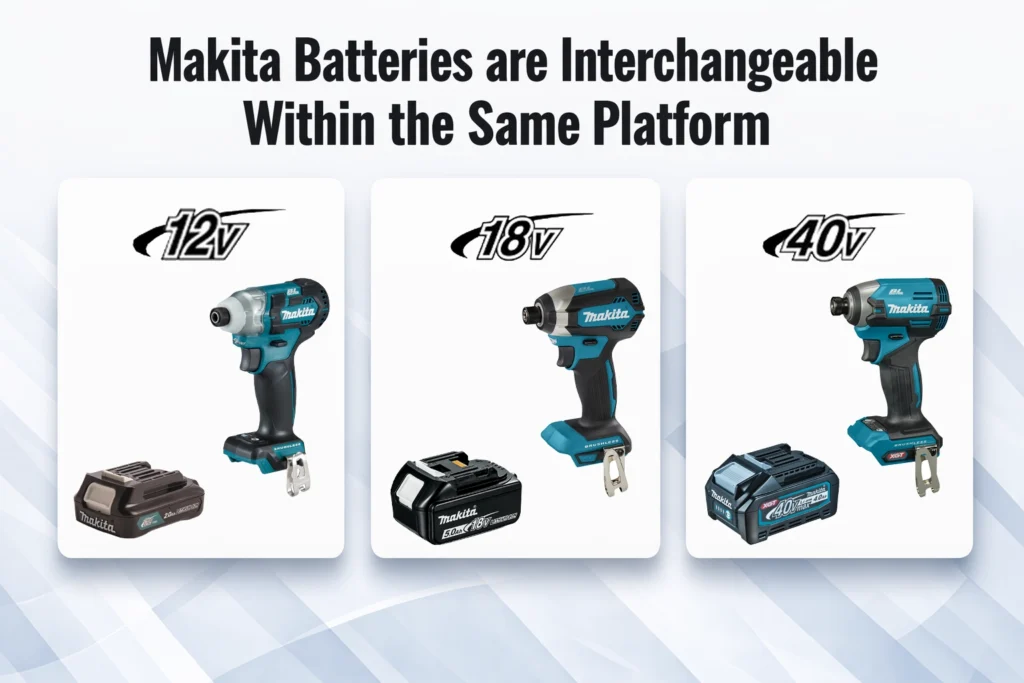 Graphic showing Makita cordless tool battery platforms with the heading “Makita Batteries are Interchangeable Within the Same Platform”, displaying three sections for 12V, 18V, and 40V tools, each with a Makita impact driver and its matching battery to illustrate platform compatibility.