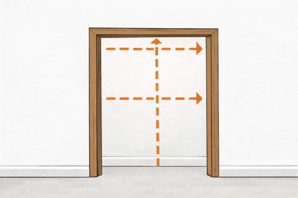 How to Hang an Internal Door: Step by Step Guide for a Perfect Fit 3 Illustration of a door frame with dashed guideline arrows showing vertical and horizontal alignment checks from the centre point.