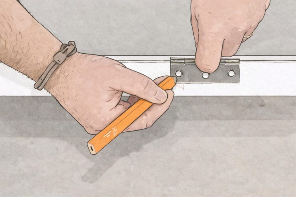 How to Hang an Internal Door: Step by Step Guide for a Perfect Fit 4 Marking hinge positions on a door edge using a hinge and pencil for accurate alignment.