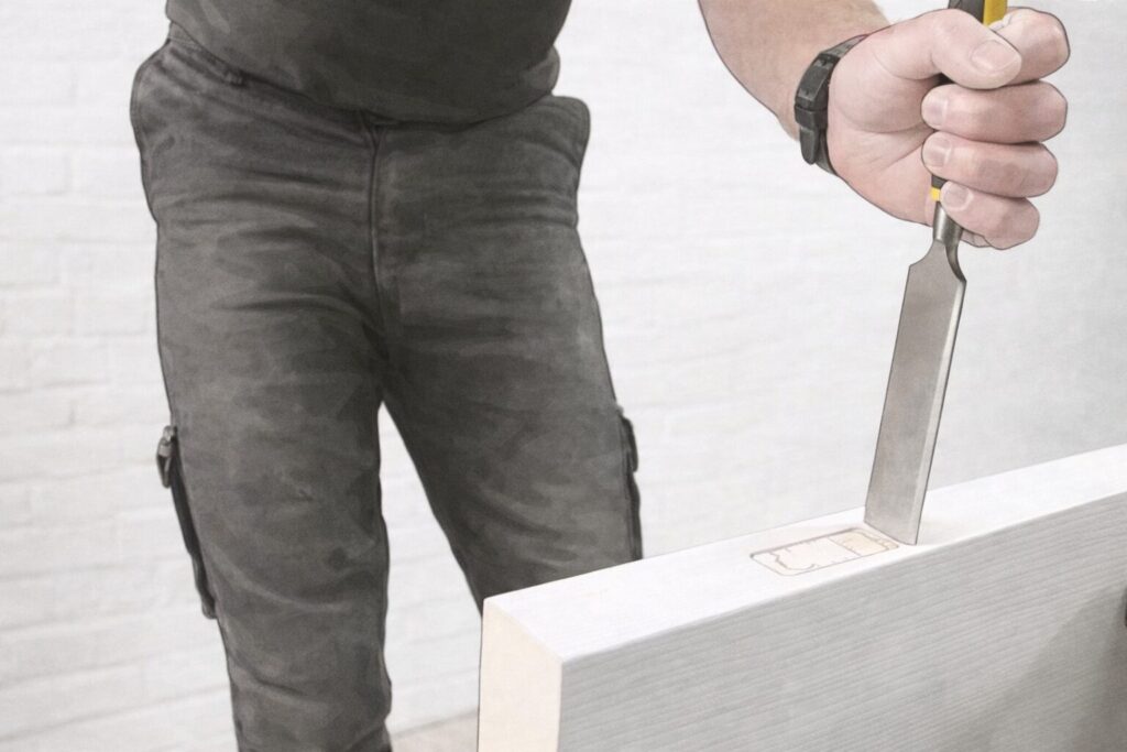 How to Hang an Internal Door: Step by Step Guide for a Perfect Fit 5 Illustration of a person using a chisel to cut a marked hinge recess into the edge of a white door.