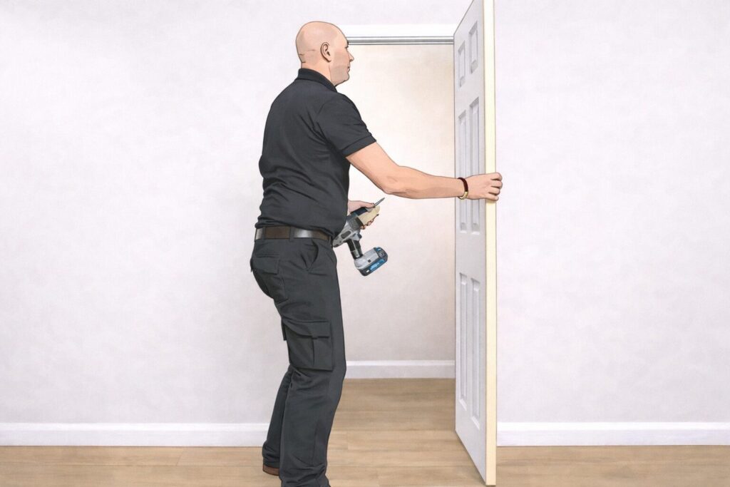 How to Hang an Internal Door: Step by Step Guide for a Perfect Fit 10 Illustration of a person holding a door in position while preparing to fit or adjust it with a drill driver.