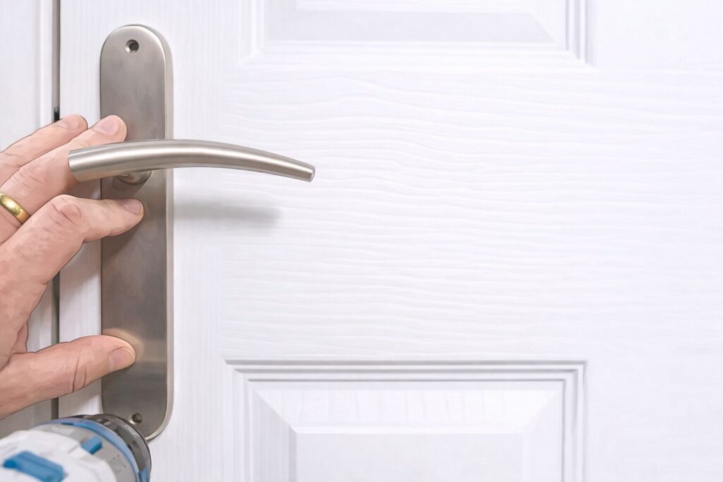 How to Hang an Internal Door: Step by Step Guide for a Perfect Fit 11 Hand fitting a brushed metal door handle onto a white internal door using a drill.