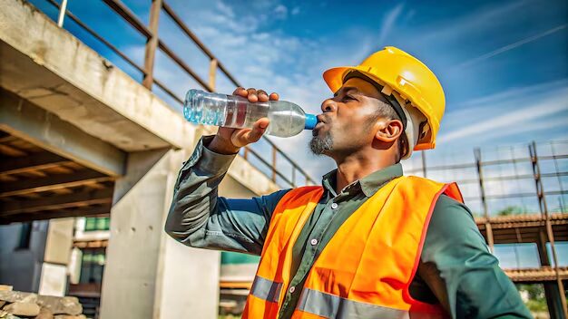 How to Stay Cool on Site During a UK Heatwave 2 Construction worker wearing a hard hat and high visibility vest drinking water on a building site, highlighting the importance of staying hydrated and preventing heat stress while working outdoors in hot weather conditions.