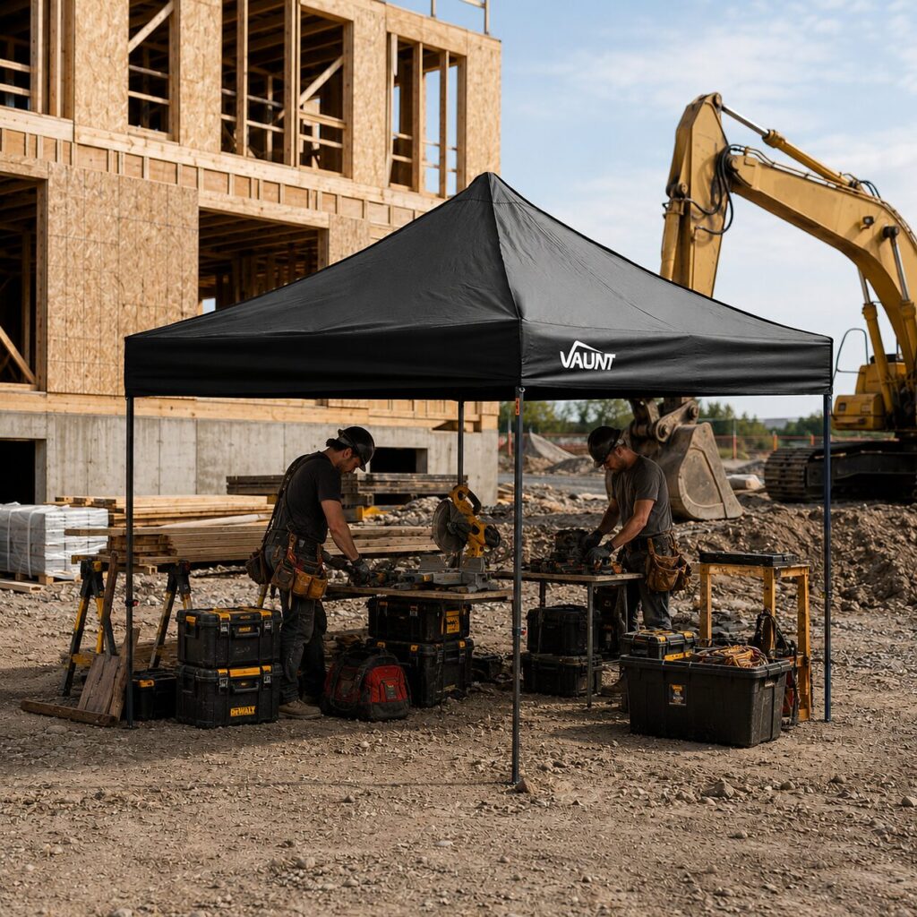 How to Stay Cool on Site During a UK Heatwave 4 Construction workers carrying out tasks under a pop up site shelter on a building site, using a shaded work area to reduce sun exposure and heat stress while operating tools and equipment in hot weather conditions.