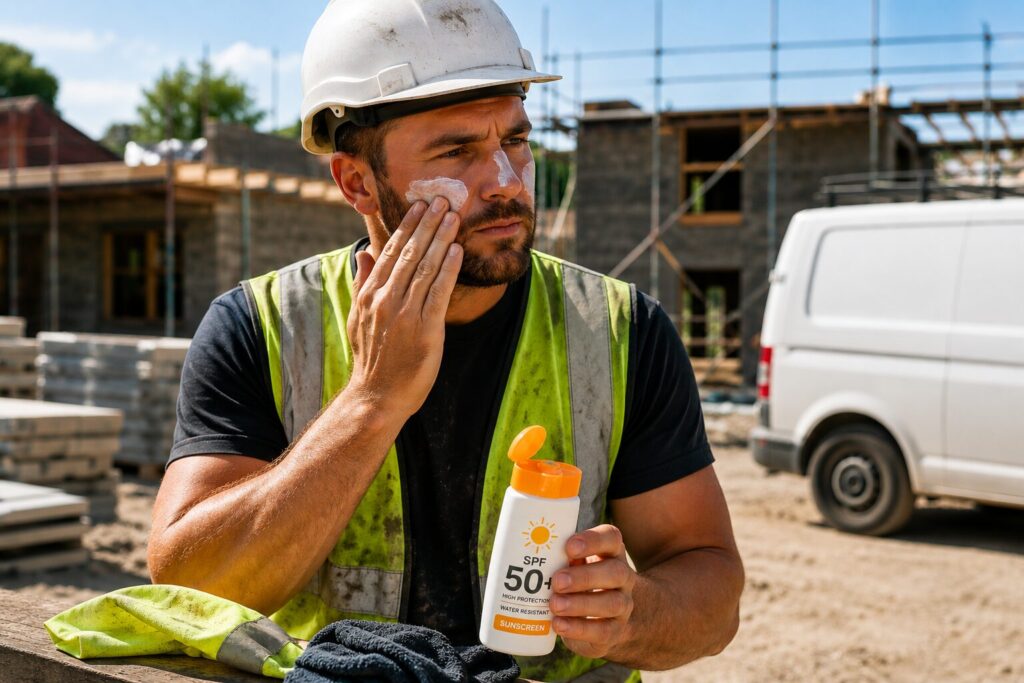 How to Stay Cool on Site During a UK Heatwave 6 Construction worker on a building site applying SPF50+ sunscreen to his face while wearing a hard hat and high visibility vest, highlighting the importance of sun protection and heat safety during outdoor work in hot weather.