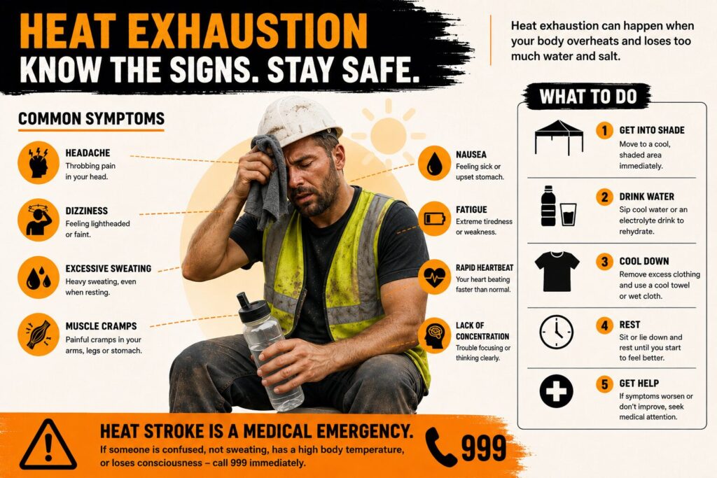 How to Stay Cool on Site During a UK Heatwave 7 Heat exhaustion safety infographic for construction workers showing common symptoms including headache, dizziness, excessive sweating, muscle cramps, nausea, fatigue, rapid heartbeat and lack of concentration, alongside step by step advice on getting into shade, drinking water, cooling down, resting and seeking medical help, with an emergency heat stroke warning.