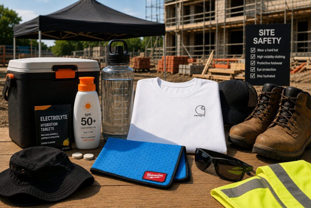 How to Stay Cool on Site During a UK Heatwave 8 Construction site heat safety essentials including hydration tablets, SPF50+ sunscreen, reusable water bottle, cooling towel, safety glasses, high visibility vest, work boots, sun hat, and lightweight workwear displayed on a building site with safety signage.