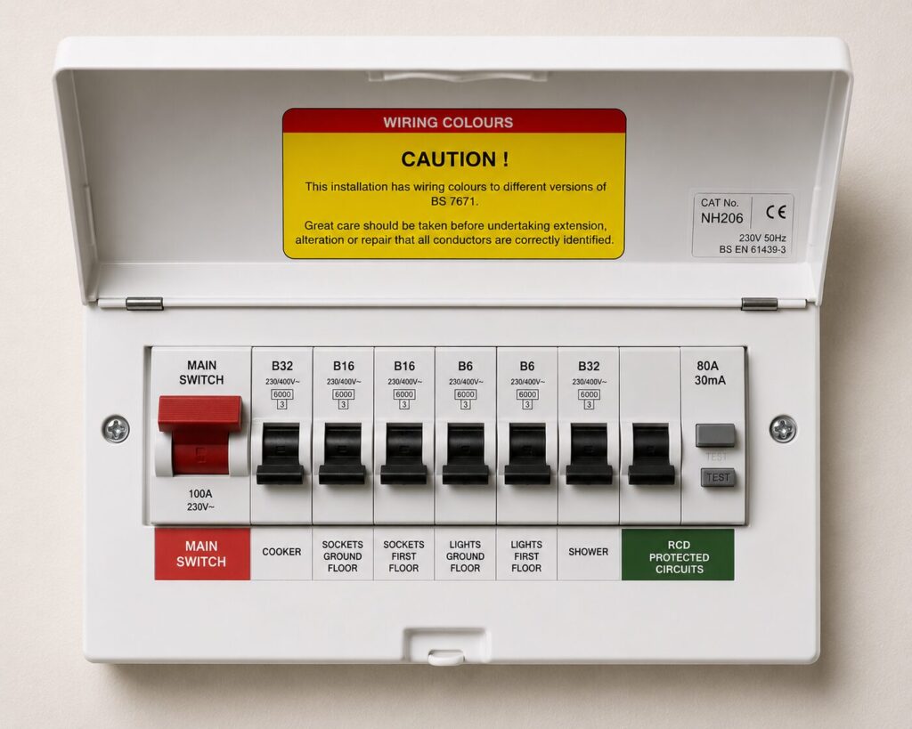 UK Wiring Colours Guide: Old and New Electrical Cable Colours Explained 11 Open domestic consumer unit (fuse box) with the cover lifted, showing a row of circuit breakers and an RCD. A yellow warning label inside the lid advises that the installation contains wiring colours from different versions of BS 7671 and that conductors should be correctly identified before any extension, alteration, or repair work. The panel includes a red main switch, breakers for circuits such as cooker, sockets, lights, and shower, plus an RCD-protected section with a test button.