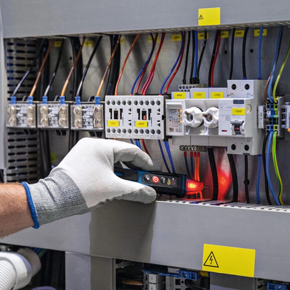 UK Wiring Colours Guide: Old and New Electrical Cable Colours Explained 13 Close-up of an electrical control panel with exposed wiring, relays, terminal blocks, and protective devices. A person wearing a grey safety glove is using a non contact voltage tester, which is illuminated red, to check for the presence of voltage near a group of wires. Multiple coloured conductors, including blue, brown, black, red, and green/yellow earth wires, are routed through the panel. Yellow electrical hazard warning labels are visible on the enclosure, indicating the presence of live electrical equipment.