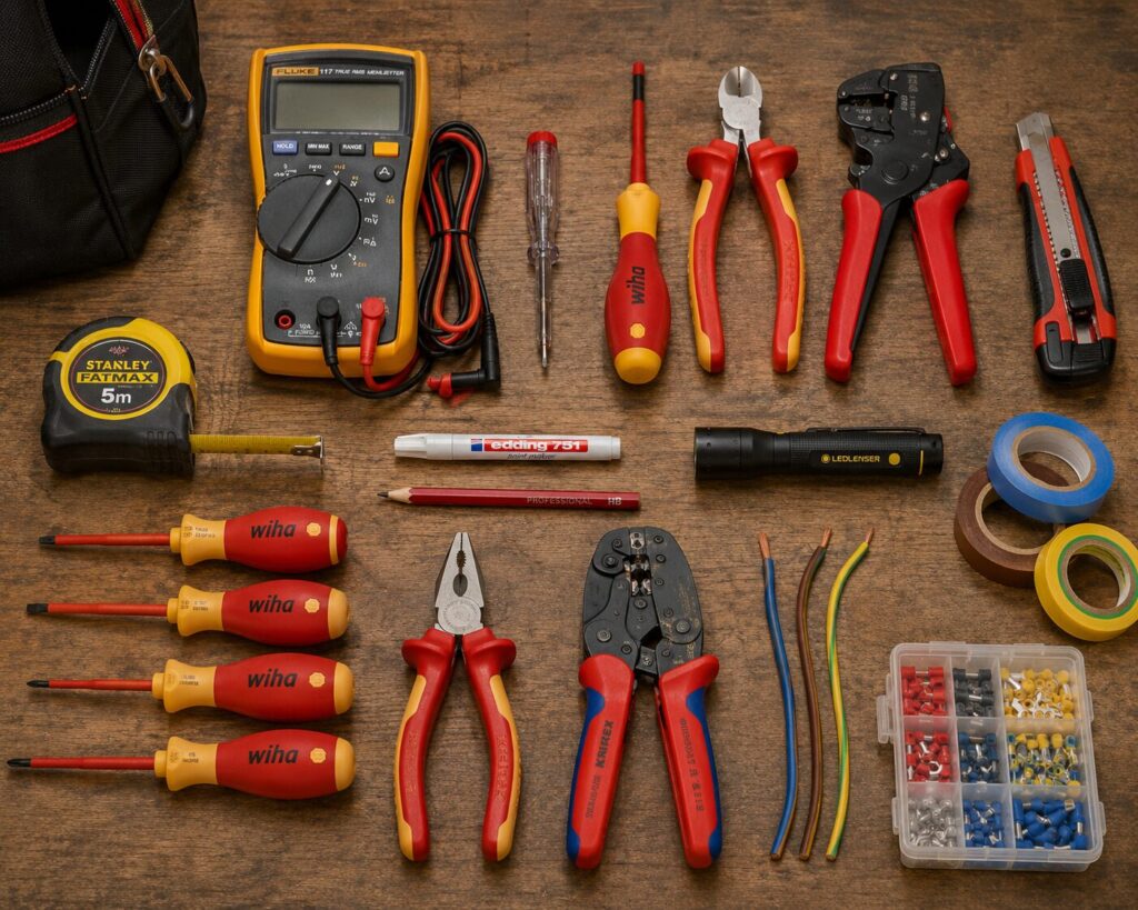 UK Wiring Colours Guide: Old and New Electrical Cable Colours Explained 14 Assortment of electrical tools and accessories neatly arranged on a wooden workbench. Items include a digital multimeter with test leads, insulated screwdrivers, combination pliers, side cutters, wire strippers, crimping tools, a voltage tester, a utility knife, a tape measure, an inspection torch, electrical tape in multiple colours, loose lengths of brown, blue, and green/yellow electrical cable, a marker pen, a pencil, and a compartment box containing assorted insulated wire terminals and connectors. A tool bag is partially visible in the upper left corner.