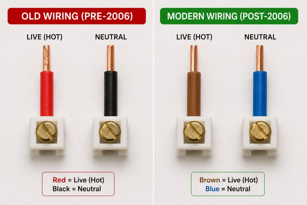 UK Wiring Colours Guide: Old and New Electrical Cable Colours Explained 2 Side-by-side comparison of electrical wire colour standards. The left panel, labelled “Old Wiring (Pre-2006),” shows a red live (hot) wire and a black neutral wire connected to terminal blocks. The right panel, labelled “Modern Wiring (Post-2006),” shows a brown live (hot) wire and a blue neutral wire connected to terminal blocks. Captions at the bottom explain the colour coding for each wiring standard.