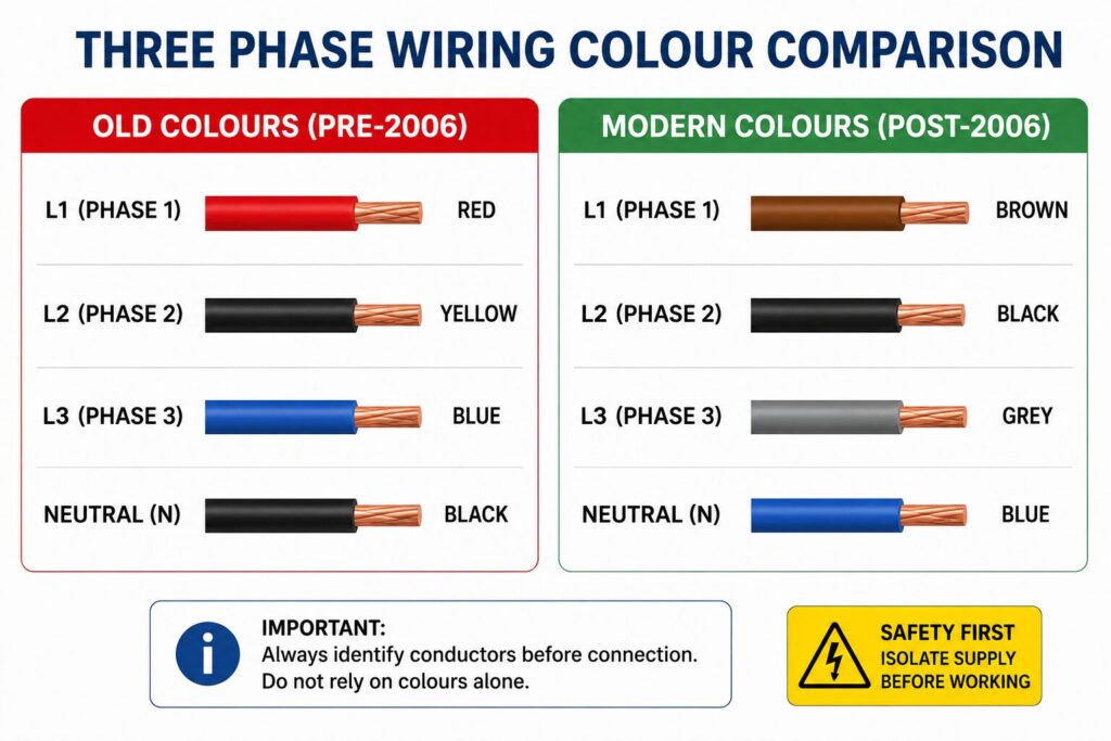 UK Wiring Colours Guide: Old and New Electrical Cable Colours Explained 12 Educational chart titled “Three Phase Wiring Colour Comparison” showing old and modern colour codes for three phase electrical wiring. The left panel, labelled “Old Colours (Pre-2006),” identifies L1 (Phase 1) as red, L2 (Phase 2) as yellow, L3 (Phase 3) as blue, and Neutral (N) as black. The right panel, labelled “Modern Colours (Post-2006),” identifies L1 (Phase 1) as brown, L2 (Phase 2) as black, L3 (Phase 3) as grey, and Neutral (N) as blue. A note at the bottom advises electricians to identify conductors before connection and not rely on colours alone, alongside a safety warning to isolate the electrical supply before working.