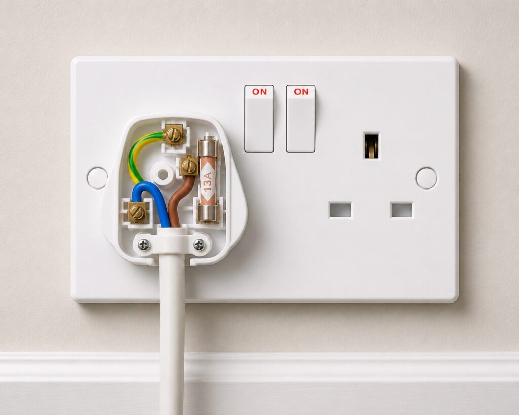 UK Wiring Colours Guide: Old and New Electrical Cable Colours Explained 1 Close-up of a UK double wall socket with two switches. A partially opened three-pin plug is plugged into the left socket, revealing the internal wiring: green/yellow earth wire, blue neutral wire, brown live wire, and a 13A fuse. The socket and plug are mounted on a white wall.