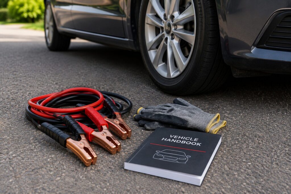 How to Jump Start A Car 4 Coiled red and black jump leads, a pair of protective work gloves, and a vehicle handbook placed on the road beside the front wheel of a parked car. The image depicts equipment commonly used for roadside battery jump starting and vehicle troubleshooting.