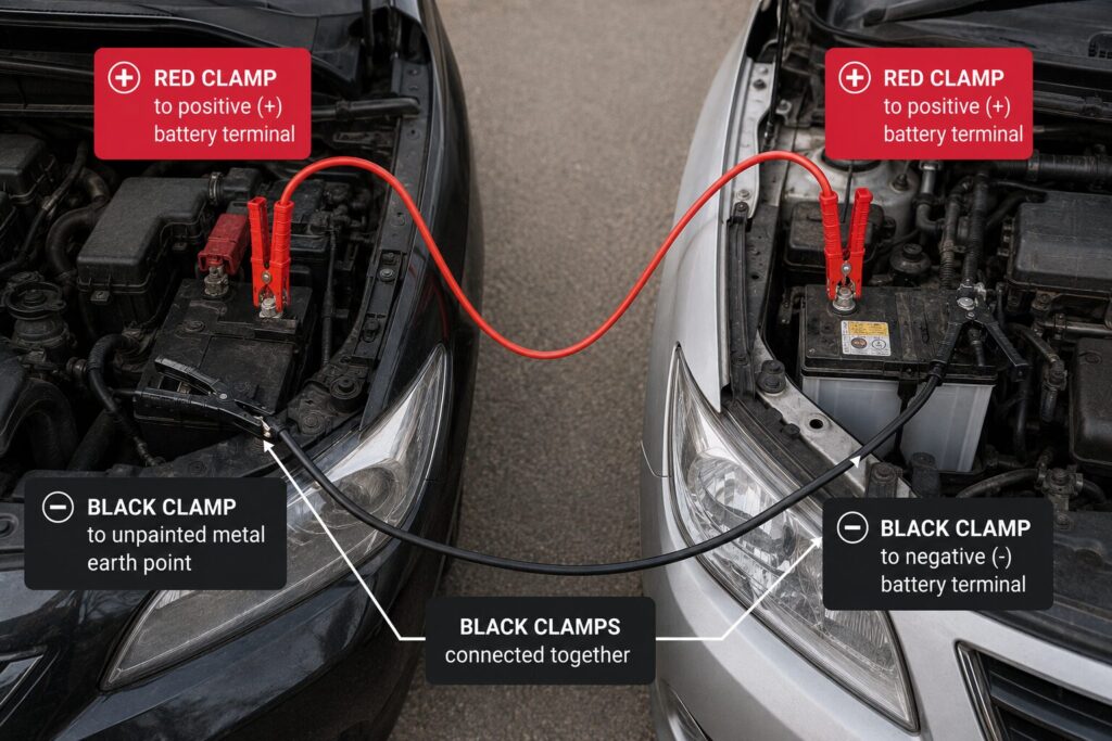 How to Jump Start A Car 19 Diagram showing the correct jump lead connection sequence between two vehicles for jump starting a flat battery. Red clamps are connected between the positive battery terminals of both vehicles, while one black clamp is attached to the donor vehicle's negative battery terminal and the other is connected to an unpainted metal earth point on the vehicle with the discharged battery. Labels identify each connection point and cable route.