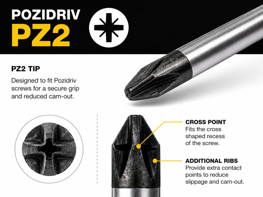 Types of Screwdrivers Explained: Pozi, Phillips, Torx, Flathead and More 2 Close up illustration of a Pozidriv PZ2 screwdriver tip showing its distinctive cross shaped design with additional ribs between the main blades. The image explains that a PZ2 tip is designed to fit Pozidriv screws for a secure grip and reduced cam out. Labels highlight the cross point that engages the screw recess and the additional ribs that provide extra contact points to reduce slippage. An inset image shows the matching Pozidriv screw head recess.