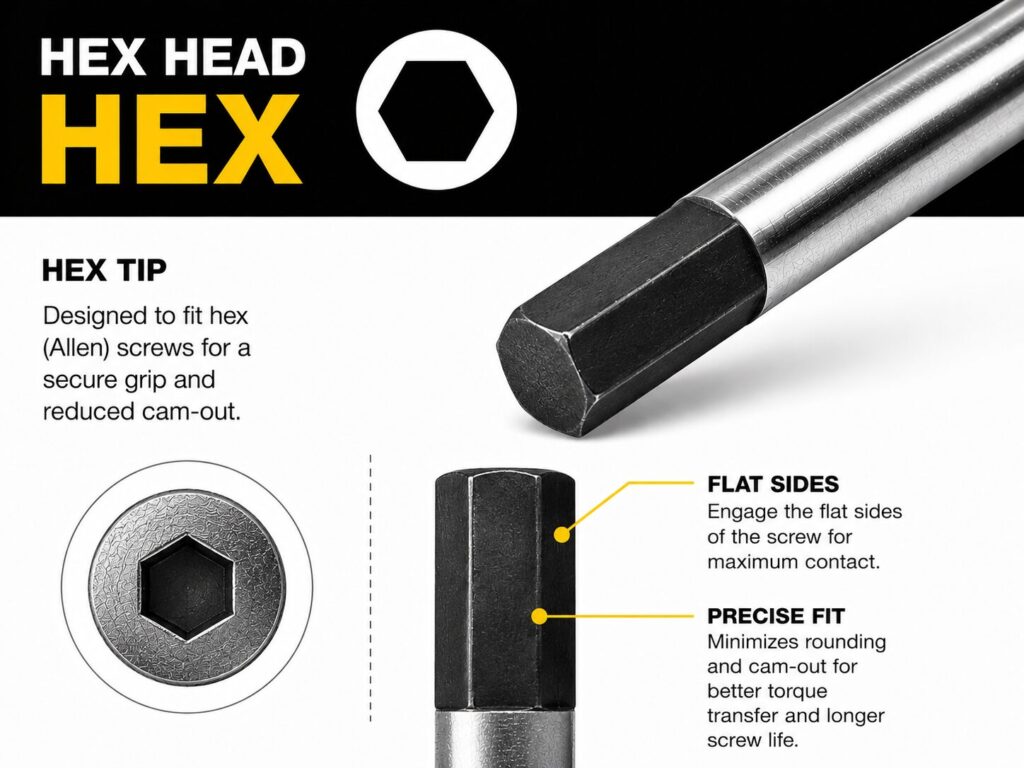 Types of Screwdrivers Explained: Pozi, Phillips, Torx, Flathead and More 15 Close up illustration of a hex, also known as Allen, screwdriver bit and matching screw head. The image explains that the hex tip is designed to fit hex socket screws for a secure grip and reduced cam out. Labels identify the six flat sides of the bit that engage the matching flat surfaces inside the screw recess, providing maximum contact area. A second label highlights the precise fit of the hex profile, which helps minimise rounding of the screw head, improves torque transfer, and extends screw life. An inset image shows the matching hex socket screw head with its six sided recess.