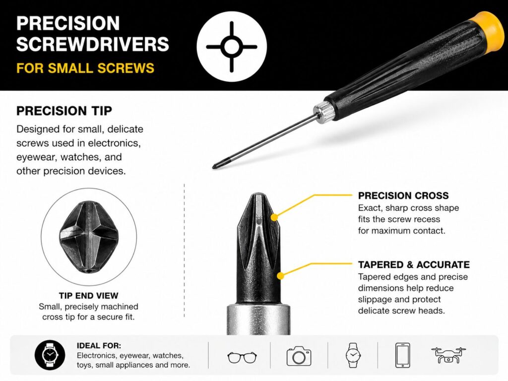Types of Screwdrivers Explained: Pozi, Phillips, Torx, Flathead and More 17 Educational graphic explaining precision screwdrivers designed for very small screws used in electronics, eyewear, watches, cameras, toys, smartphones, and other delicate devices. The image shows a slim precision screwdriver with a fine cross head tip and includes a magnified view of the tip profile. Labels highlight the precision cross shape, which is engineered for maximum contact with small screw recesses, and the tapered, accurately machined edges that help reduce slippage and protect delicate screw heads from damage. Icons along the bottom illustrate common applications including glasses, cameras, watches, mobile devices, and small electronic equipment.