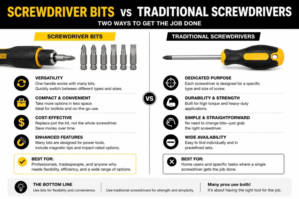 Types of Screwdrivers Explained: Pozi, Phillips, Torx, Flathead and More 19 Comparison infographic titled “Screwdriver Bits vs Traditional Screwdrivers” showing the advantages of interchangeable screwdriver bits compared with fixed shaft screwdrivers. On the left, a bit holder and a selection of interchangeable bits are shown, with benefits including versatility across multiple screw types, compact storage, lower replacement costs, and compatibility with power tools and magnetic or impact rated accessories. The graphic notes that screwdriver bits are best suited to professionals, tradesmen, and users who need flexibility and a wide range of fastening options. On the right, a traditional screwdriver is shown with benefits including dedicated purpose, durability, strength for high torque applications, simplicity of use, and widespread availability. The chart suggests traditional screwdrivers are well suited to home users and specific tasks where a single screwdriver is sufficient. A summary at the bottom explains that bits offer flexibility and convenience, while traditional screwdrivers provide strength and simplicity, and notes that many professionals use both depending on the job.