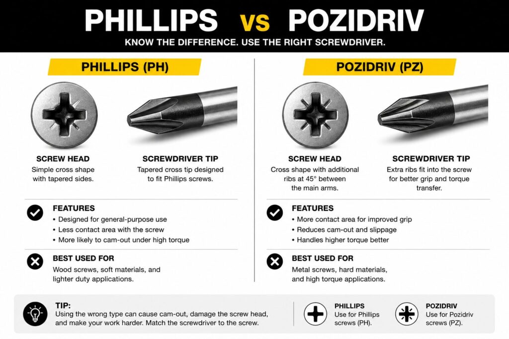 Types of Screwdrivers Explained: Pozi, Phillips, Torx, Flathead and More 4 Side by side comparison chart showing the differences between Phillips (PH) and Pozidriv (PZ) screwdrivers and screw heads. The Phillips side shows a simple cross shaped screw head with tapered sides and a matching screwdriver tip, highlighting its suitability for general purpose use, wood screws, softer materials, and lighter duty applications. The Pozidriv side shows a cross shaped screw head with additional ribs positioned at 45 degrees between the main slots and a matching screwdriver tip with extra ribs for increased grip and torque transfer. The chart explains that Pozidriv offers more contact area, reduces cam out and slippage, and performs better in high torque applications such as metal screws and harder materials. A tip at the bottom advises matching the screwdriver type to the screw to avoid damaging the screw head and making the job more difficult.