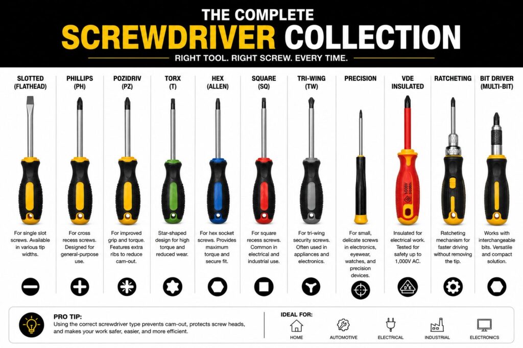 Types of Screwdrivers Explained: Pozi, Phillips, Torx, Flathead and More 1 Comparison chart titled "The Complete Screwdriver Collection" showing 11 different screwdriver types and their intended uses. The guide includes Slotted Flathead, Phillips PH, Pozidriv PZ, Torx T, Hex Allen, Square SQ, Tri Wing TW, Precision, VDE Insulated, Ratcheting, and Multi Bit Driver screwdrivers. Each screwdriver is illustrated with a brief description explaining the screw type it fits and its common applications. Icons below represent each drive profile. A pro tip advises using the correct screwdriver type to prevent cam out and protect screw heads. The chart highlights suitability for home, automotive, electrical, industrial, and electronics work.