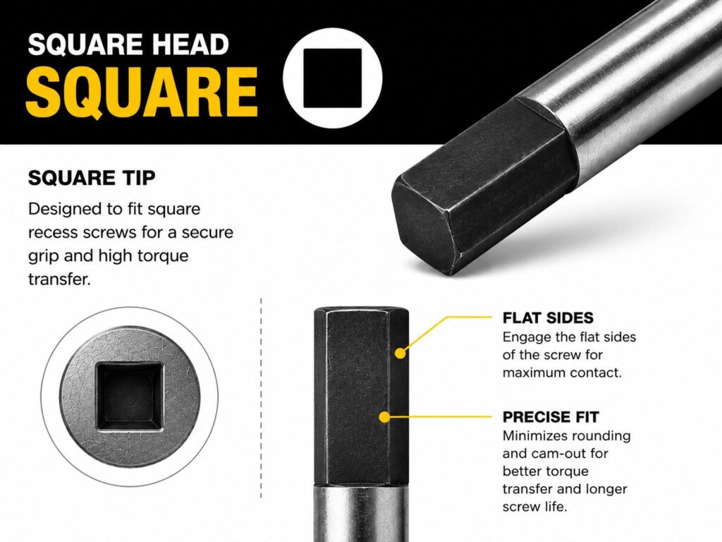 Types of Screwdrivers Explained: Pozi, Phillips, Torx, Flathead and More 16 Infographic explaining a square head screwdriver bit. A large close up image shows the square tip of the bit, alongside a square recess screw head. Text highlights that the square tip is designed for secure grip and high torque transfer. Callouts identify the flat sides for maximum contact with the screw and a precise fit that helps reduce rounding and cam out for improved torque transfer and longer screw life. Black, white, and yellow design with technical product illustrations.