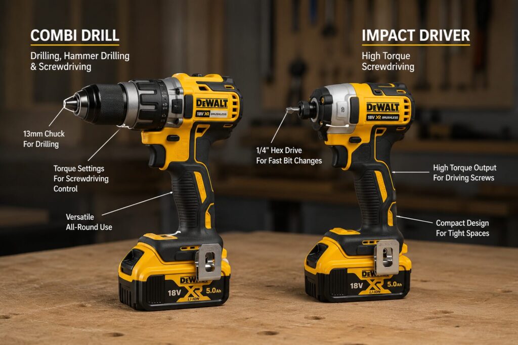 Comparison infographic showing the differences between a Dewalt combi drill and a Dewalt impact driver on a workbench background.  On the left, the combi drill is labelled for drilling, hammer drilling and screwdriving. Callouts highlight its 13mm chuck for drilling, adjustable torque settings for screwdriving control, and versatile all round use.  On the right, the impact driver is labelled for high torque screwdriving. Callouts highlight its 1/4in hex drive for fast bit changes, high torque output for driving screws, and compact design for working in tight spaces.  The image illustrates that a combi drill is a multi purpose tool for drilling and fastening, while an impact driver is designed specifically for fast, powerful screwdriving applications.
