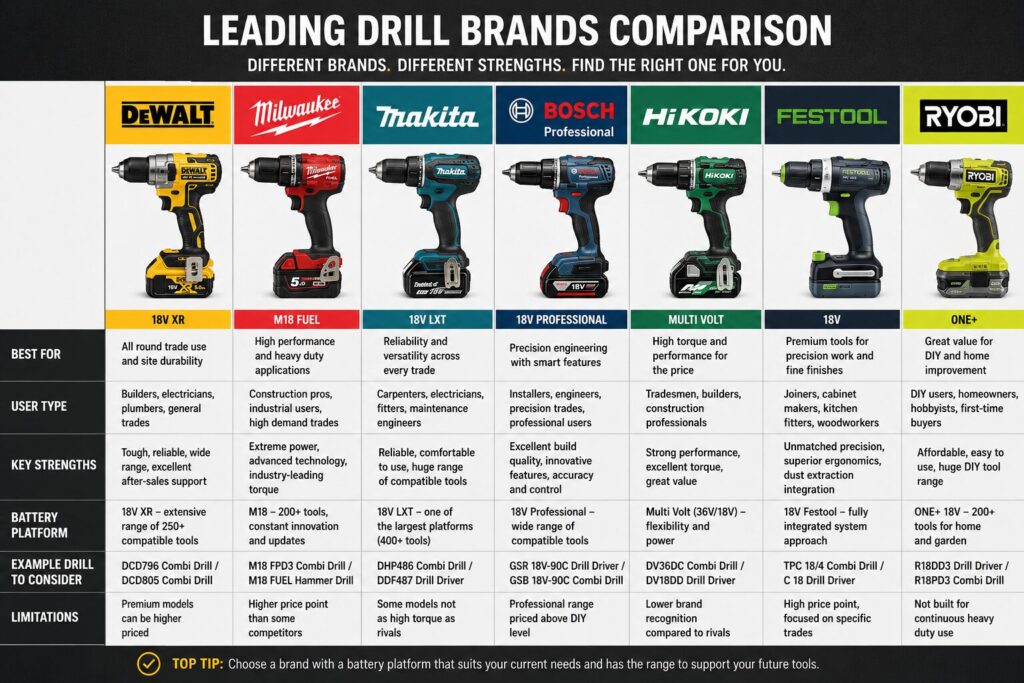 Comparison infographic titled “Leading Drill Brands Comparison” showing seven major power tool brands: Dewalt, Milwaukee, Makita, Bosch Professional, HiKOKI, Festool and Ryobi. Each brand is displayed with a representative cordless drill and a summary of its strengths, target users, battery platform and limitations.  Dewalt 18V XR is presented as a durable all round trade range suited to builders, electricians and general trades.  Milwaukee M18 FUEL is highlighted for high performance, advanced technology and heavy duty professional applications.  Makita 18V LXT is described as a reliable and versatile platform with a wide range of compatible tools for multiple trades.  Bosch Professional 18V is positioned as a precision focused range with innovative features and strong build quality for professional users.  HiKOKI Multi Volt is shown as offering strong performance, high torque and excellent value for tradesmen and construction professionals.  Festool 18V is presented as a premium system focused on precision, fine finishes, ergonomics and integrated dust extraction for woodworking and specialist trades.  Ryobi ONE+ is marketed towards DIY users and homeowners, offering affordability and a large home and garden tool range.  A tip at the bottom advises choosing a brand with a battery platform that meets current needs while providing room to expand into future tools.