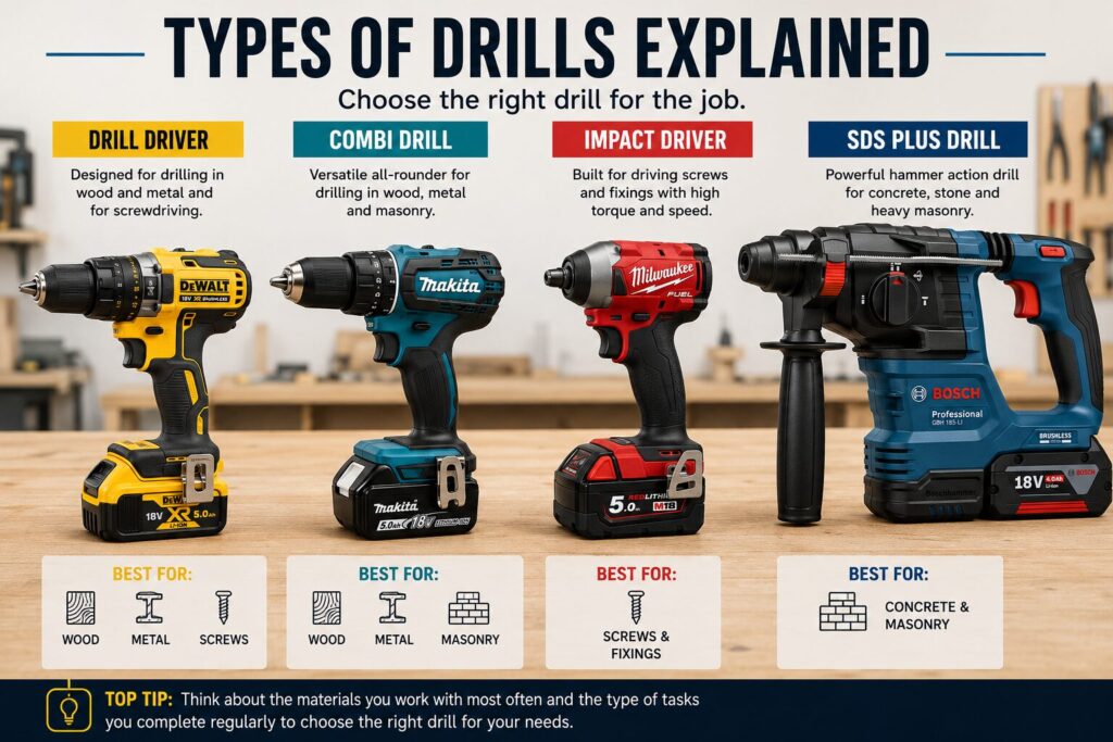 Infographic titled “Types of Drills Explained – Choose the right drill for the job.” It compares four common drill types side by side on a workbench background:  Drill Driver (yellow Dewalt): Designed for drilling in wood and metal and for screwdriving. Best for wood, metal and screws.
Combi Drill (teal Makita): A versatile all rounder for drilling in wood, metal and masonry. Best for wood, metal and masonry.
Impact Driver (red Milwaukee): Built for driving screws and fixings with high torque and speed. Best for screws and fixings.
SDS Plus Drill (blue Bosch): Powerful hammer action drill for concrete, stone and heavy masonry. Best for concrete and masonry.  A tip at the bottom advises users to consider the materials they work with most often and the tasks they regularly complete when choosing the right drill.