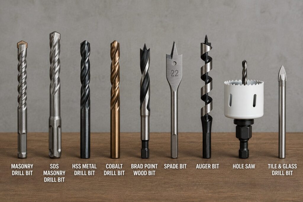 Drill Bits Buying Guide: Choosing the Right Drill Bit for Every Material 1 A lineup of nine different drill bits standing upright on a wooden surface against a grey background. From left to right: a masonry drill bit, SDS masonry drill bit, HSS metal drill bit, cobalt drill bit, brad point wood bit, spade bit marked “22”, auger bit, hole saw with pilot bit, and a tile and glass drill bit. Each bit is labelled beneath it, illustrating the different drill bit types used for masonry, metal, wood, tiles, and larger hole cutting applications.