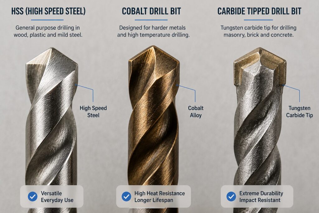 Drill Bits Buying Guide: Choosing the Right Drill Bit for Every Material 2 Comparison graphic showing three close-up drill bit types side by side. On the left is an HSS (High Speed Steel) drill bit described as suitable for general purpose drilling in wood, plastic, and mild steel, with a label identifying the high speed steel construction and noting versatile everyday use. In the centre is a cobalt drill bit designed for harder metals and high temperature drilling, labelled as a cobalt alloy bit with high heat resistance and a longer lifespan. On the right is a carbide tipped drill bit for masonry, brick, and concrete, featuring a tungsten carbide tip and highlighting extreme durability and impact resistance. The image emphasises the differences in material, application, and performance between the three drill bit types.