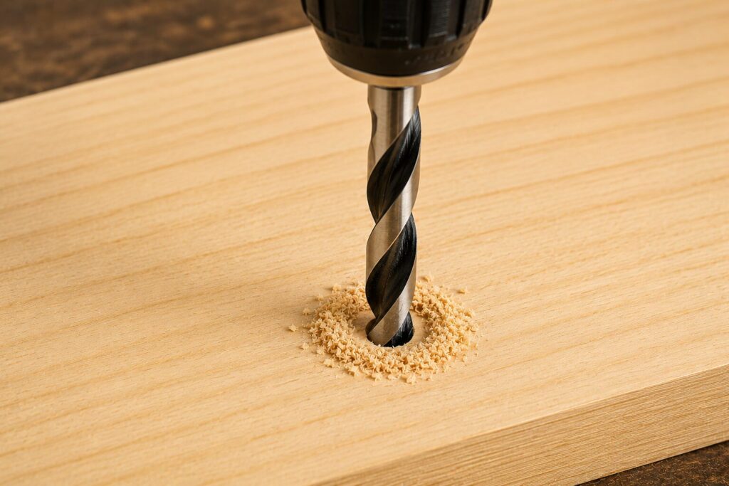 Drill Bits Buying Guide: Choosing the Right Drill Bit for Every Material 15 Close up image of a brad point wood drill bit drilling into a light coloured timber board. The sharp centre point and outer cutting spurs of the bit are visible as it creates a clean, precise hole in the wood. Fine wood shavings surround the hole, demonstrating the bit's ability to produce accurate, splinter free cuts for woodworking and joinery applications.