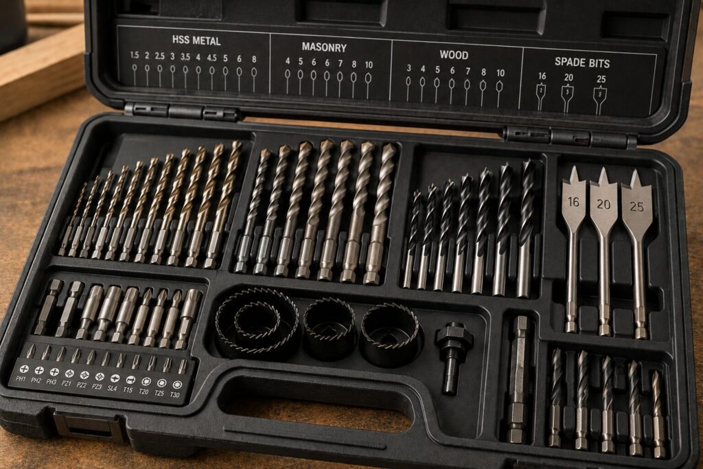 Drill Bits Buying Guide: Choosing the Right Drill Bit for Every Material 23 Open drill bit and hole saw accessory set arranged in a hard plastic carry case. The set contains a selection of HSS metal drill bits, masonry drill bits, wood drill bits, spade bits in 16mm, 20mm and 25mm sizes, hole saws with an arbor, screwdriver bits, and bit holders. Size guides are printed inside the lid above each section, helping identify the correct bit type and diameter. The tools are neatly organised in dedicated compartments, providing a complete drilling and fastening kit for wood, metal, masonry, and general DIY or trade applications.
