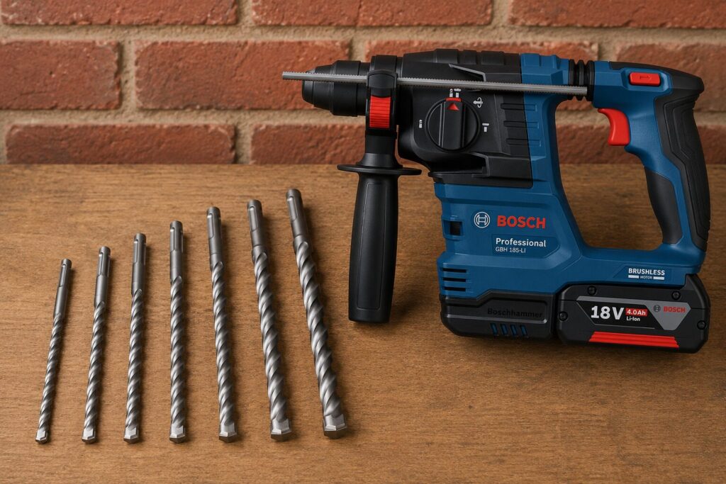 Bosch Professional cordless SDS Plus rotary hammer drill displayed on a wooden workbench in front of a brick wall. The blue and black brushless 18V tool is fitted with a side handle, depth stop rod, and 4.0Ah battery. Seven SDS Plus masonry drill bits of varying diameters are arranged in a row beside the drill, showing the range of included accessories.