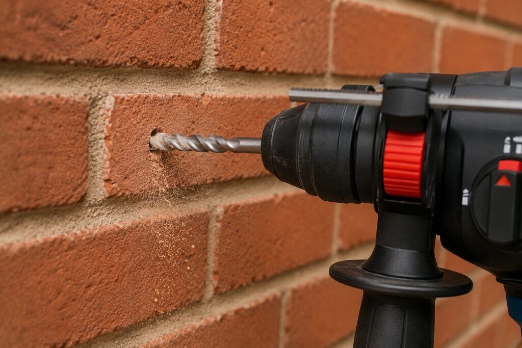 Close-up of a Bosch Professional SDS Plus rotary hammer drill drilling into a red brick wall. The masonry drill bit is partially embedded in the brick, with brick dust visible around the hole. The drill's side handle, depth stop rod, and mode selector are visible, highlighting the tool's suitability for masonry drilling applications.