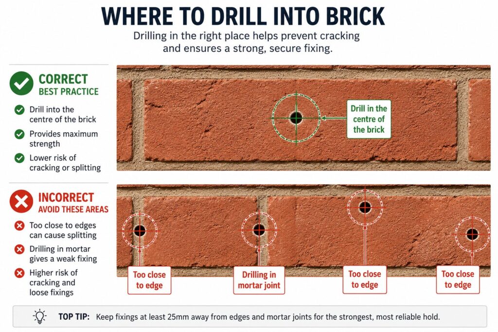 Infographic showing the correct and incorrect places to drill into a brick wall. The top section highlights the centre of a brick as the recommended drilling location, explaining that it provides maximum strength and reduces the risk of cracking or splitting. The lower section shows several incorrect drilling positions, including holes placed too close to brick edges and within mortar joints, which can lead to weak fixings, cracking, and loose attachments. A tip at the bottom advises keeping fixings at least 25mm away from edges and mortar joints for the strongest and most reliable hold.