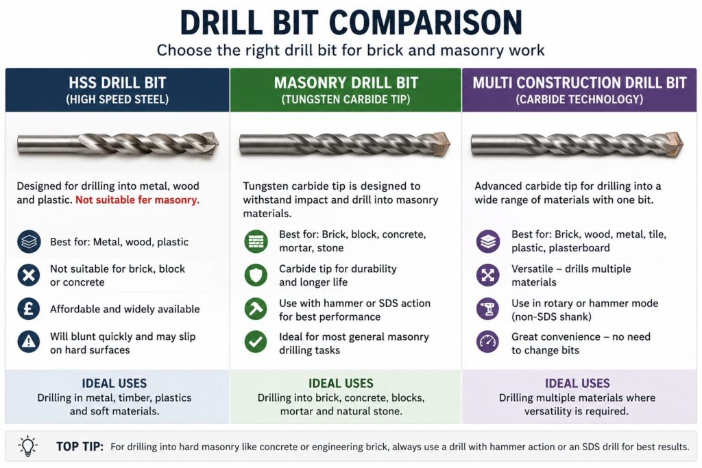 Comparison infographic showing three types of drill bits for brick and masonry work: HSS drill bits, masonry drill bits, and multi construction drill bits. The chart explains that HSS drill bits are designed for metal, wood, and plastic and are not suitable for masonry. Masonry drill bits feature a tungsten carbide tip and are recommended for drilling into brick, concrete, block, mortar, and stone, especially when used with hammer or SDS drills. Multi construction drill bits use advanced carbide technology and can drill through a variety of materials including brick, wood, metal, tile, plastic, and plasterboard. A summary section highlights the ideal applications for each drill bit type, along with a tip recommending hammer action or SDS drills for hard masonry and concrete.