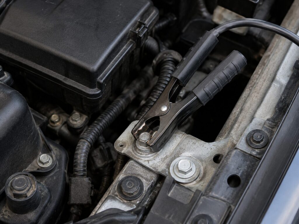 How to Jump Start A Car 16 Close up of a black jump lead clamp attached to a vehicle grounding point inside an engine bay. The clamp is connected to a metal bolt on the chassis near the battery compartment, demonstrating the correct earth connection for safely jump starting a vehicle.