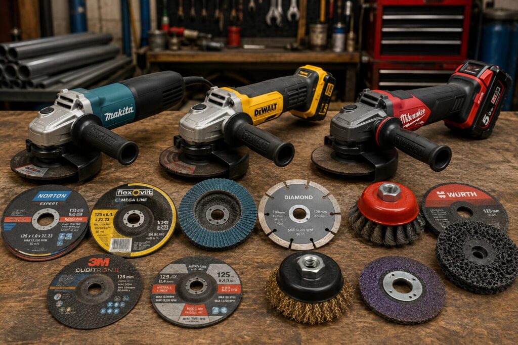 Three angle grinders, Makita corded, Dewalt cordless and Milwaukee cordless, displayed on a workshop bench with a range of angle grinder accessories including cutting discs, grinding discs, flap discs, a diamond blade, wire cup brushes and stripping wheels arranged in front.