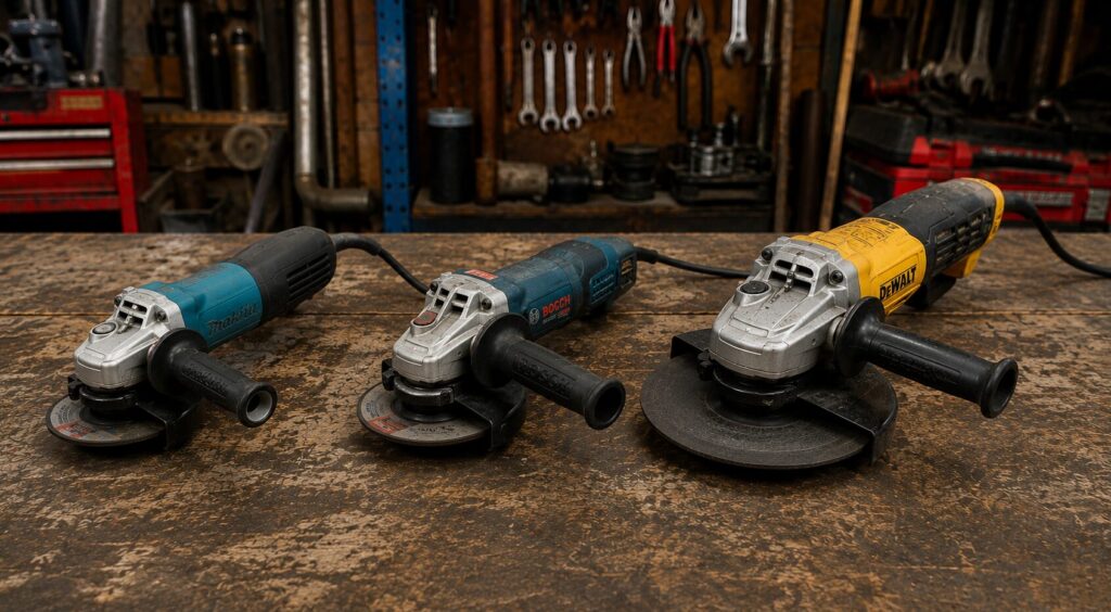 Three corded angle grinders from Makita, Bosch and Dewalt displayed on a workshop bench, showing different size models with side handles and cutting discs against a workshop tool wall background.