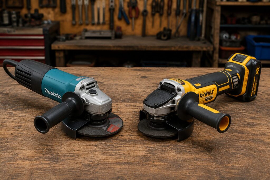Corded Makita and cordless Dewalt angle grinders displayed side by side on a workshop bench, highlighting the difference between corded and battery powered models with side handles and cutting discs fitted.