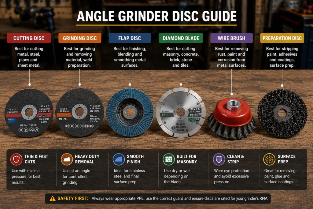 Infographic showing the main types of angle grinder discs including cutting discs, grinding discs, flap discs, diamond blades, wire brushes and preparation discs, with explanations of their best uses, key features and essential safety advice.